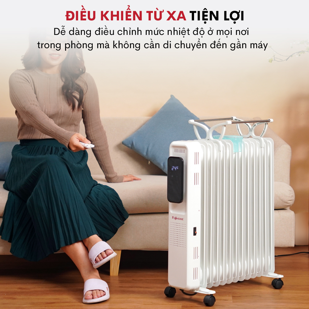 Máy sưởi dầu điều khiển từ xa không khô da Fujihome OH8613, máy sưởi ấm điện 13 thanh màn điện tử cảm ứng , tự ngắt an toàn tiết kiệm điện - Hàng chính hãng