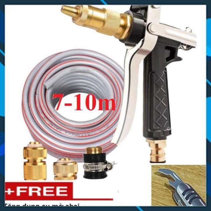 ️ Bộ dây vòi xịt nước rửa xe, tưới cây , tăng áp 3 lần, loại 7m, 10m 206236 đầu đồng,cút đồng,+ mở chai