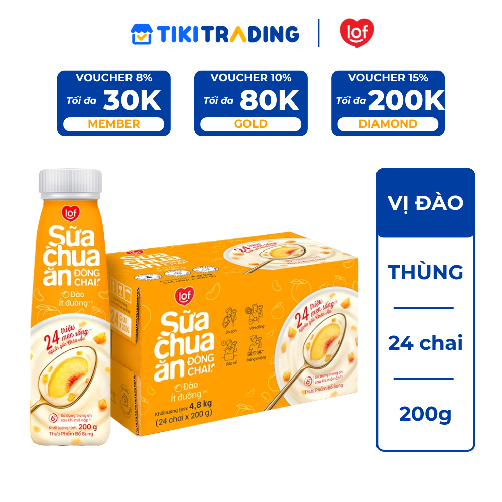 Thùng 24 chai Sữa chua ăn đóng chai LOF ít đường 200g