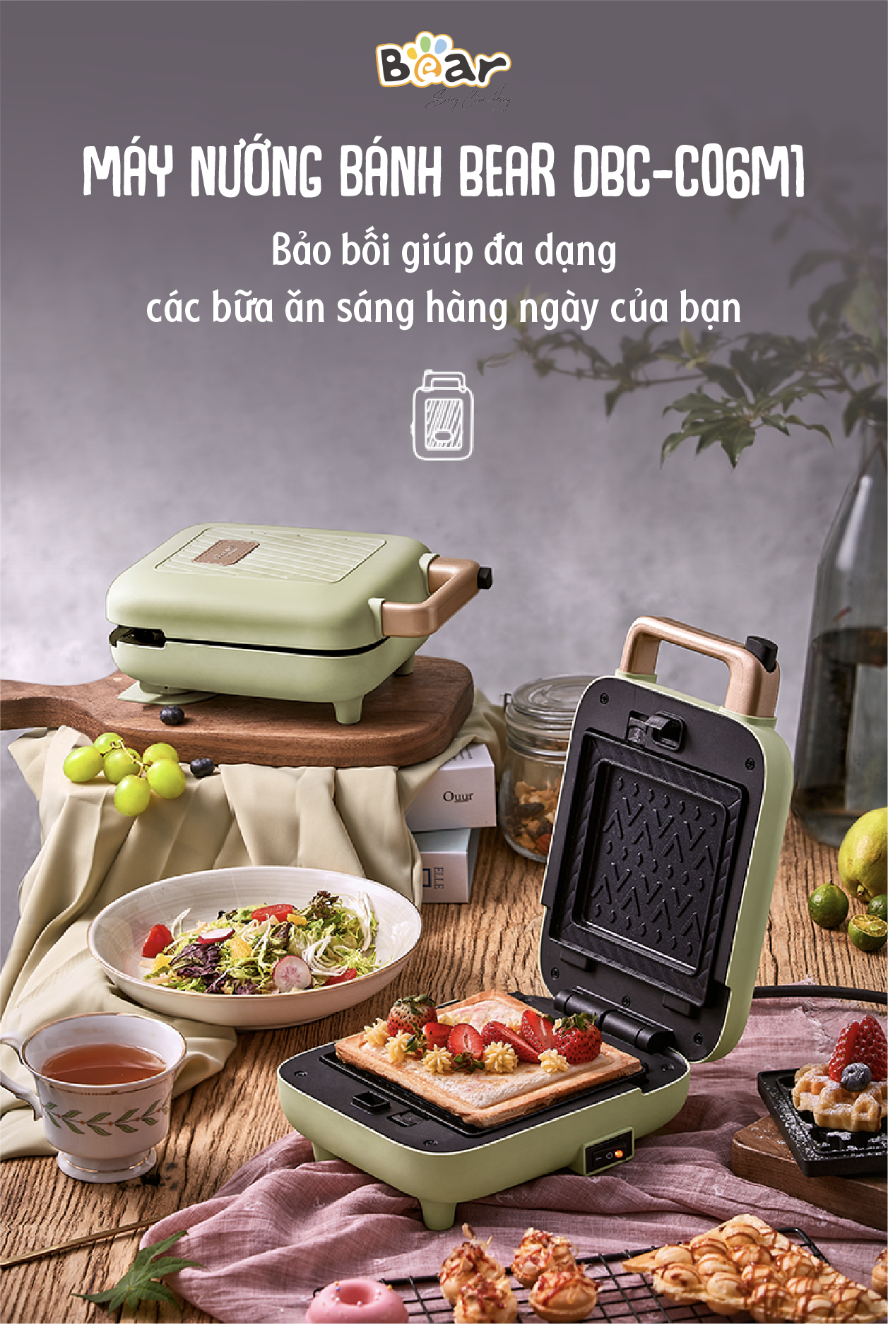 Máy Nướng Bánh Đa Năng Bear Nướng Bánh Sandwich, Crepe, Waffle Rán Trứng Xúc Xích DBC-C06M1