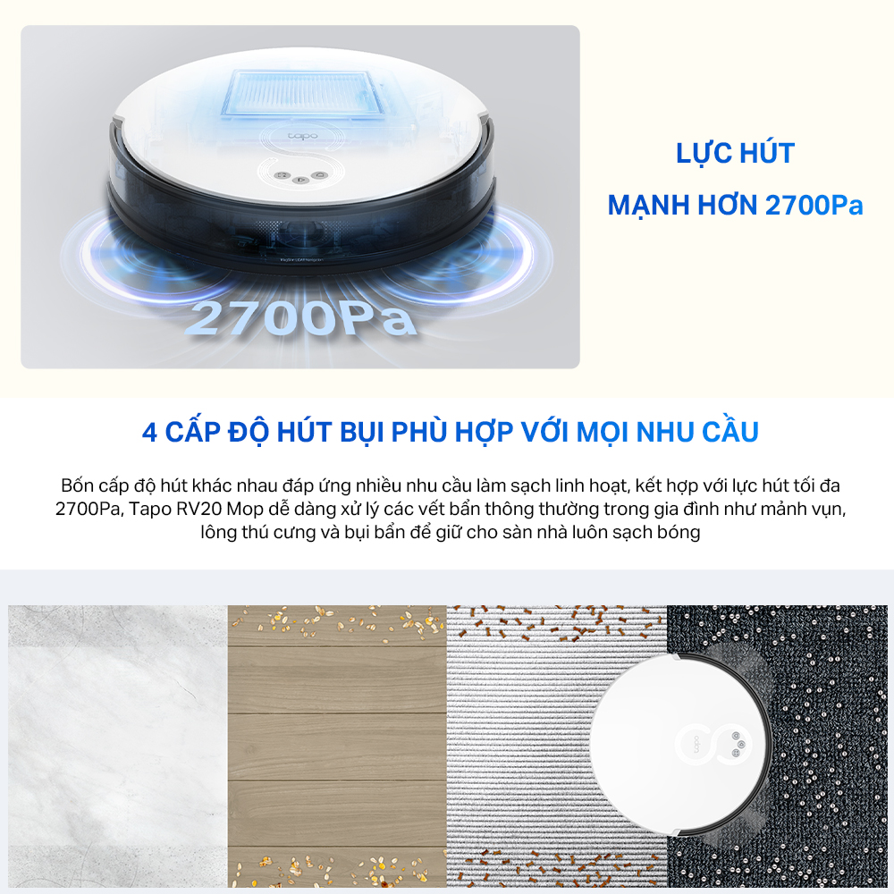 Robot Hút Bụi Và Lau Nhà TP-Link Tapo RV20 Mop / RV20 Mop Plus Điều Hướng LiDar MagSlim - Hàng Chính Hãng