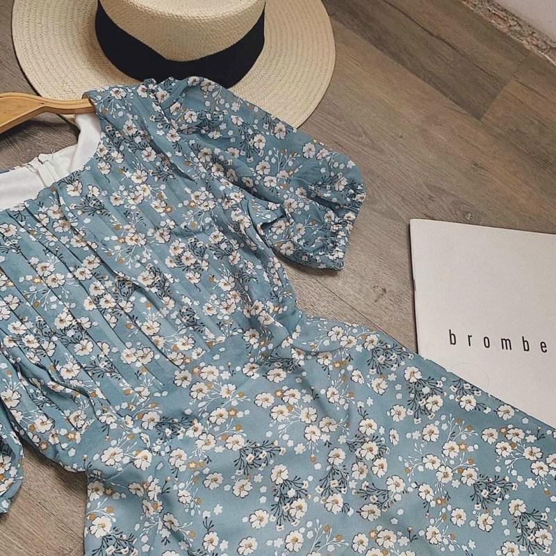 Đầm maxi hoa xanh ngực xếp li tay bo hàng loại 1