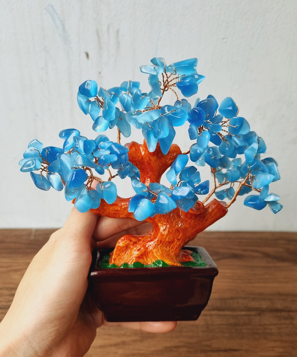 Cây Tài Lộc đá mắt mèo màu xanh dương đậm size 16cm