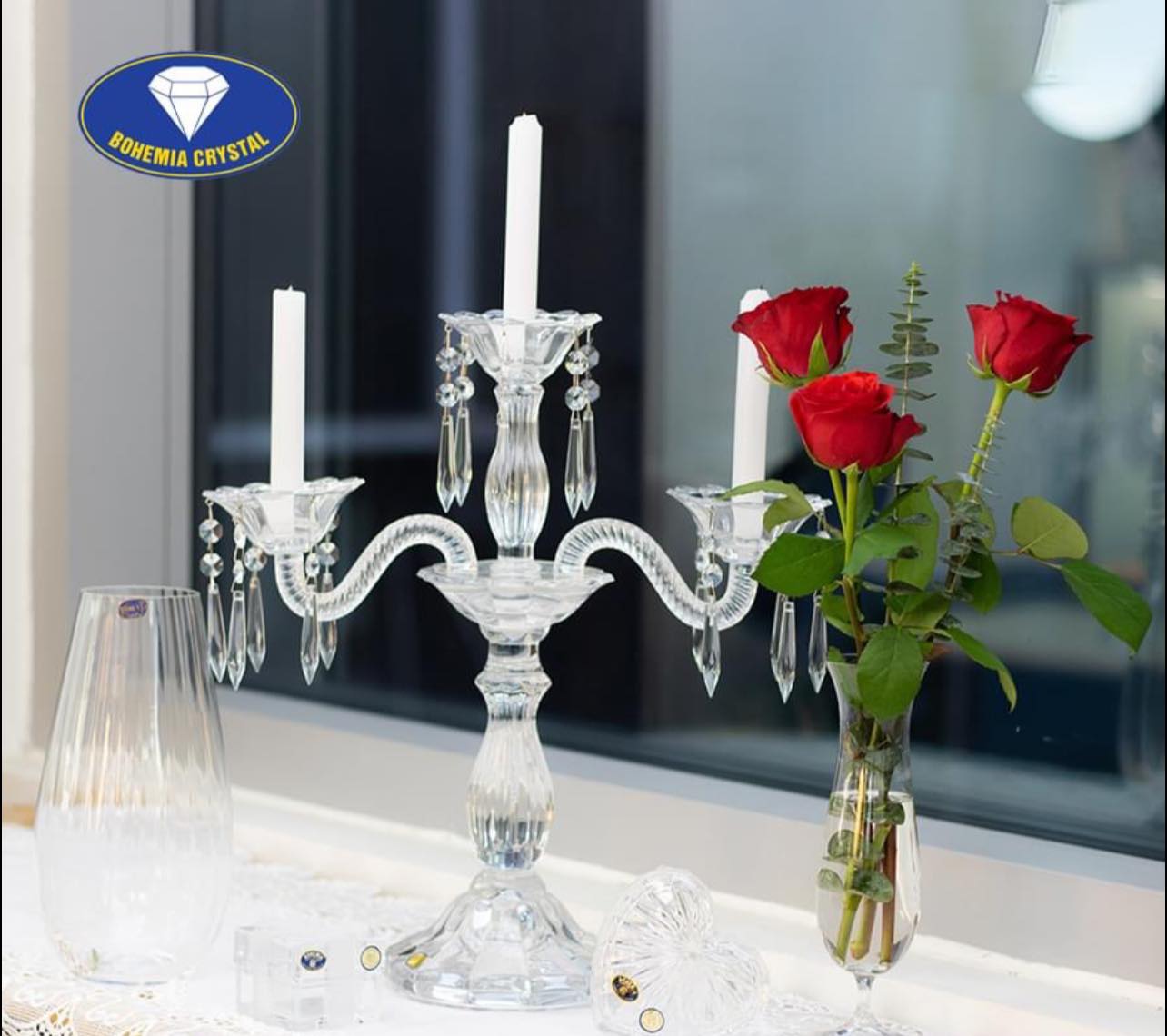 Chân nến pha lê 3 tay Bohemia Crystal cao 42cm Hàng chính hãng