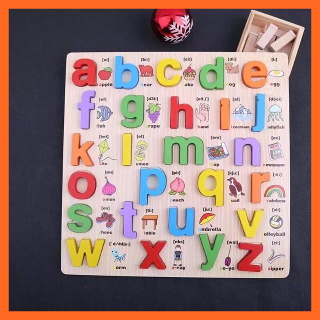 Đồ chơi giáo dục - Bảng chữ cái Thường Song Ngữ - Bảng chữ cái nổi bằng gỗ giúp bé làm quen và học từ vựng tiếng Anh