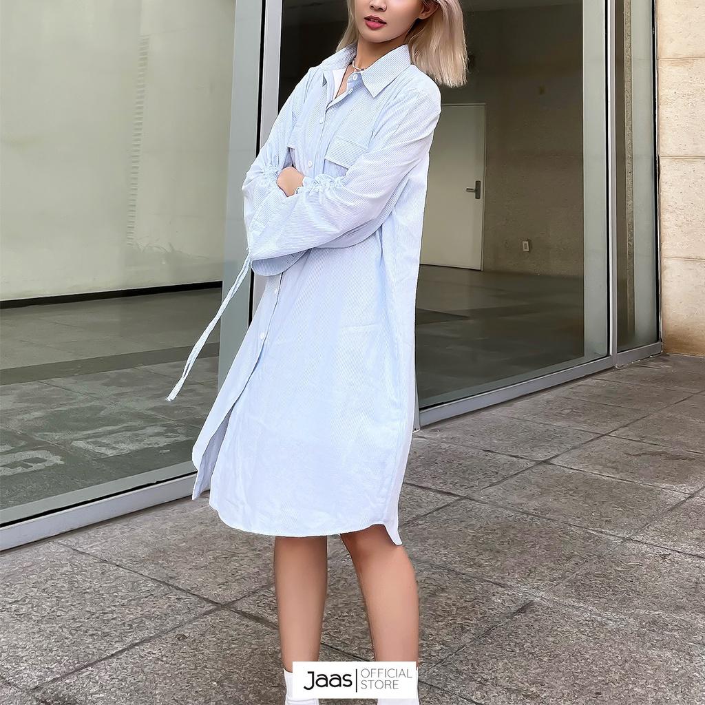 Đầm sơ mi nữ sọc xanh phom rộng tay rút dây