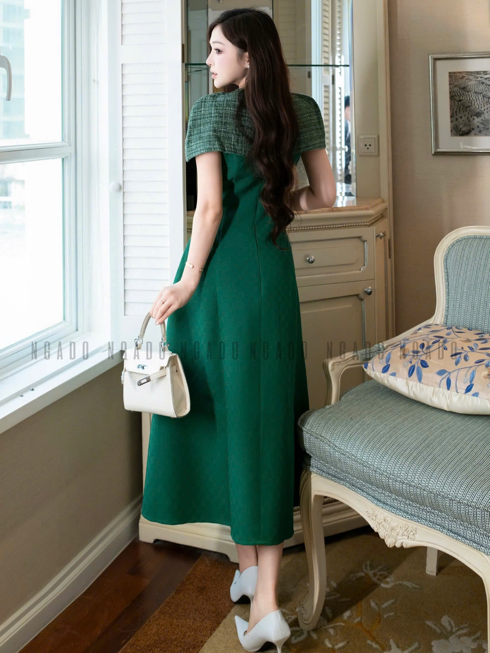 Đầm xanh lá phối tweed NGADO , đầm dự tiệc dáng dài , đầm thiết kế