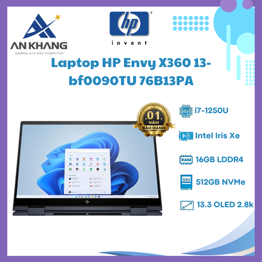 Laptop HP ENVY X360 13-bf0090TU 76B13PA (Core i7-1250U | 16GB | 512GB | Intel Iris Xe | 13.3 inch 2.8K | Cảm ứng | Win 11 | Xanh) - Hàng Chính Hãng - Bảo Hành 12 Tháng Tại HP Việt Nam