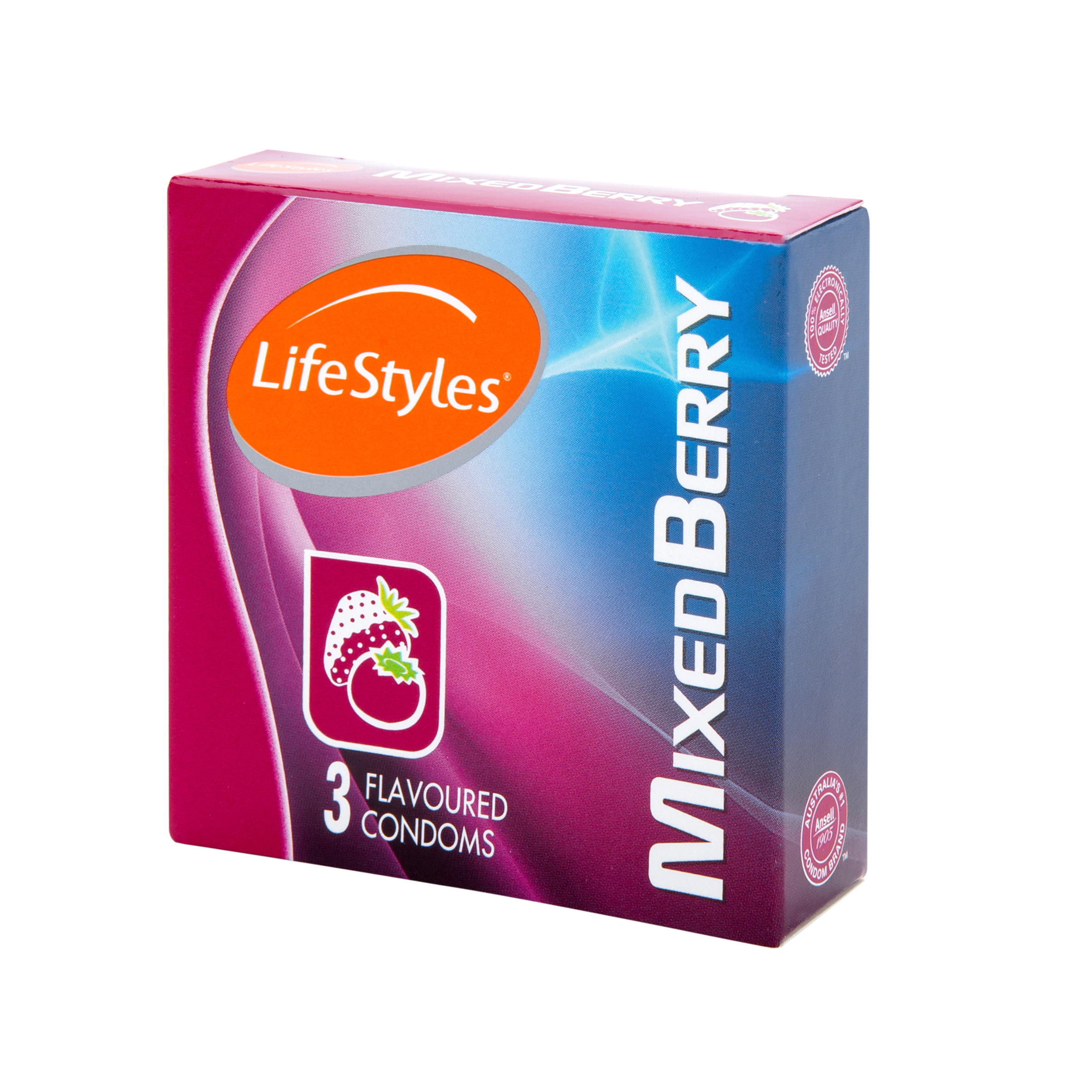 Bao cao su LifeStyles Mixed Berry Hương dâu 3 loại làm từ cao su thiên nhiên cao cấp ( 3 bao / Hộp ) - Xuất xứ Úc ( Hàng Chính Hãng )