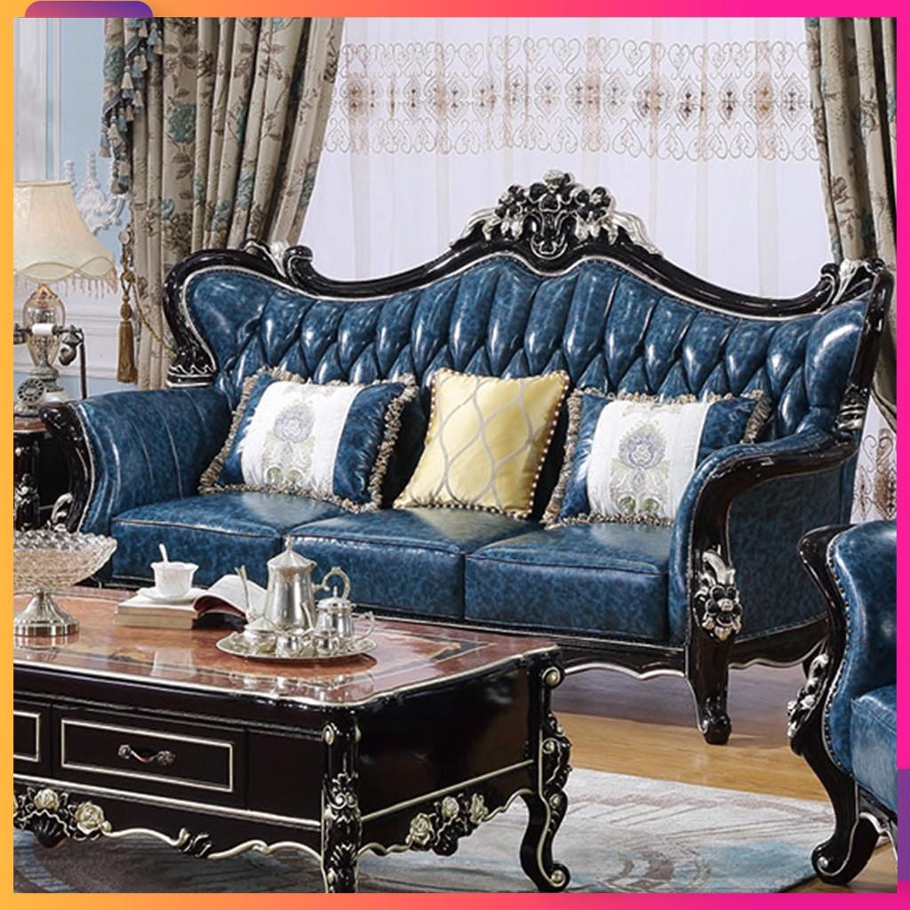 Sofa tân cổ điển hoàng gia cao cấp khung gỗ thịt phủ bóng bọc da bò Italy với màu sắc phối nổi bật