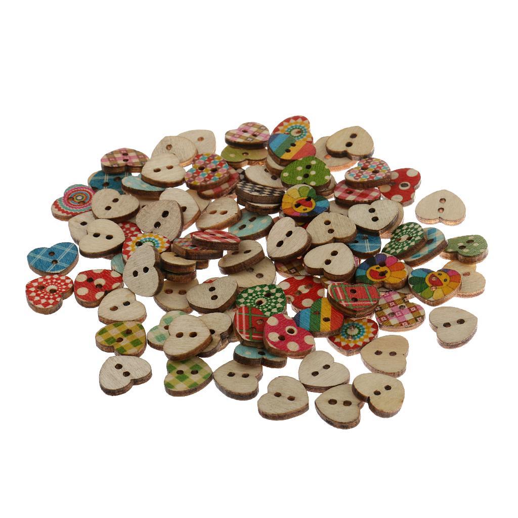 2-4pack 100pcs Heart Shaped Painted 2 Hole Wood Buttons 15mm for Sewing