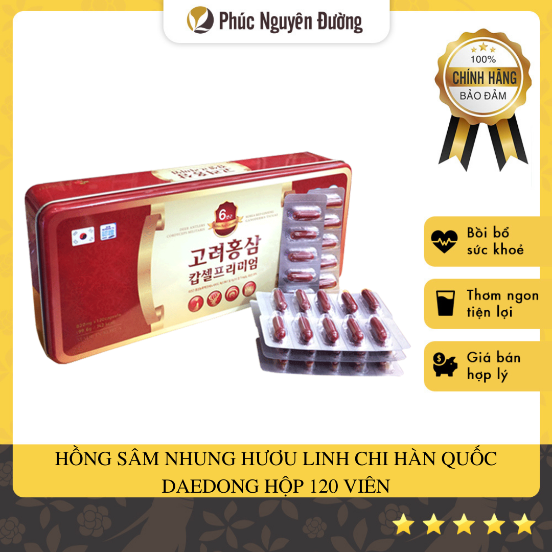 Thực phẩm bảo vệ sức khỏe Viên Hồng sâm đông trùng linh chi nhung hươu Daedong hộp 120 viên