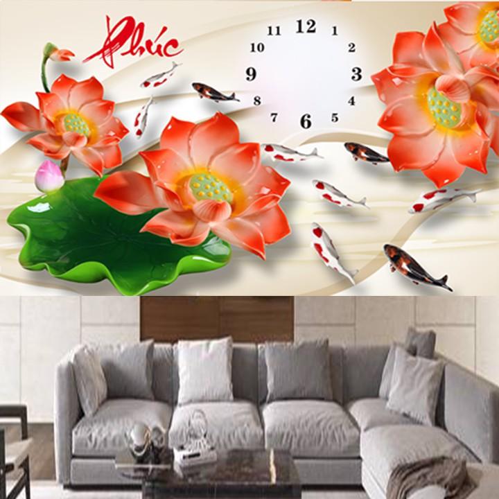Tranh thêu chữ phúc hoa sen đồng hồ LV3405 - kích thước: 75 * 50cm.