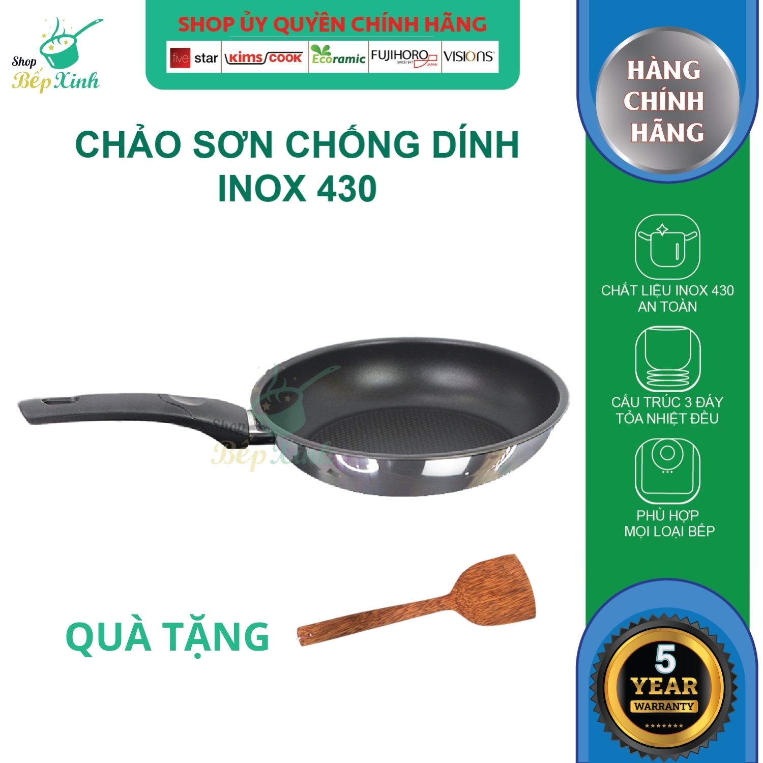 Chảo inox chống dính bếp từ Fivestar tặng 1 sạn dừa, bảo hành 5 năm