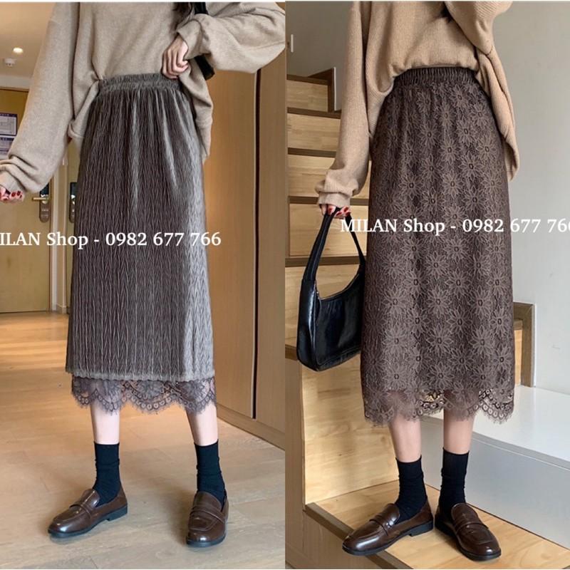 Chân váy nhung phối ren mặc được 2 mặt