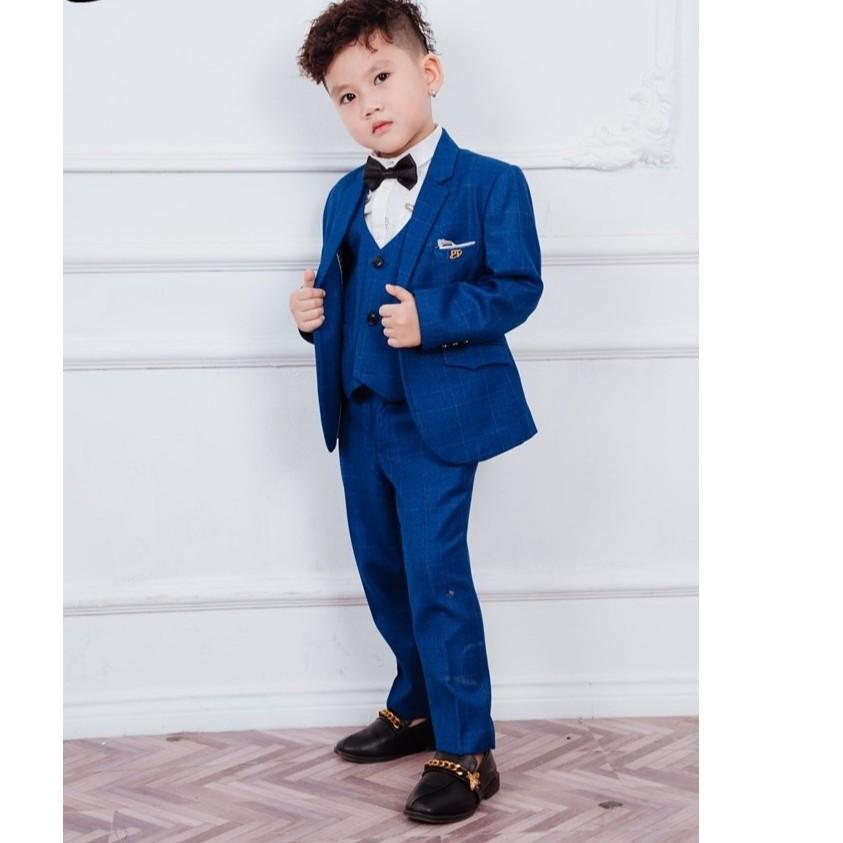 Set vest xanh kẻ caro bé trai cao cấp hàng VNXK. kèm nơ
