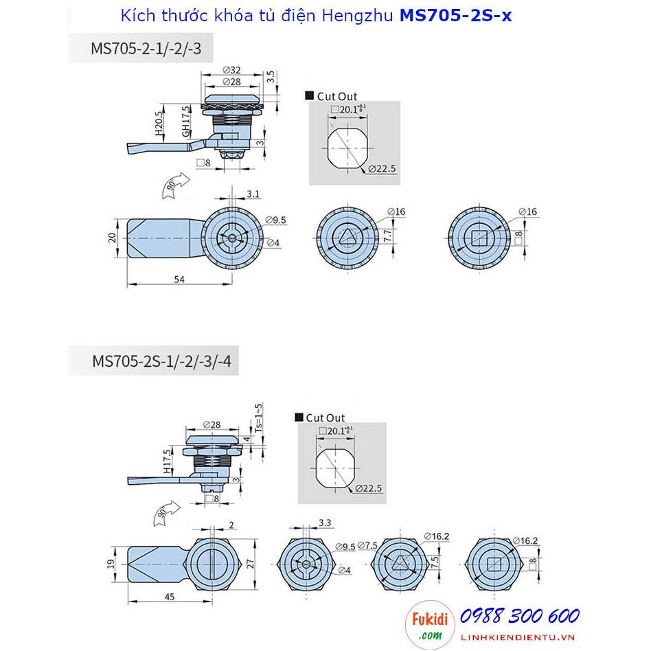 Khóa tủ điện Hengzhu MS705-2S-x inox 304, phi 22mm, MS705-2S-1, MS705-2S-2, MS705-2S-3, MS705-2S-4