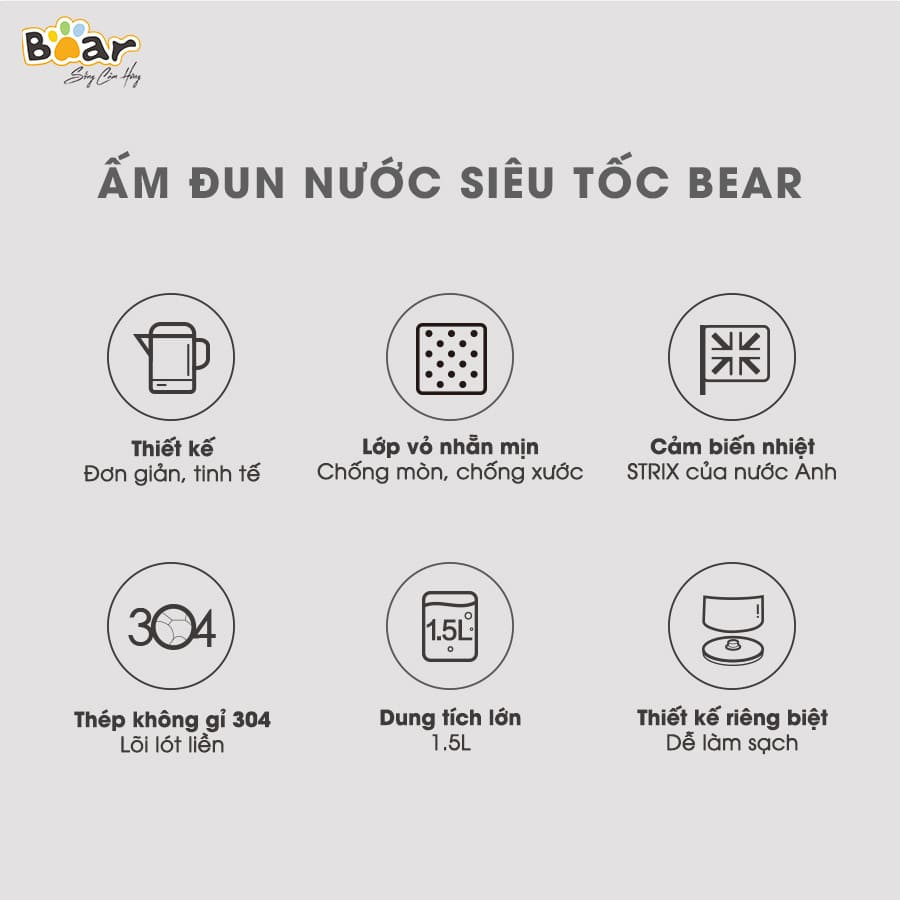 Ấm đun siêu tốc nội địa Trung Bear 1.5L ZDH-B15T1, hàng chính hãng