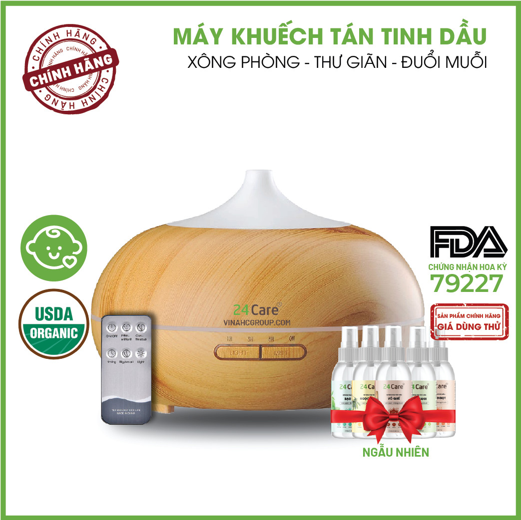 Máy khuếch tán Tinh Dầu 24Care 500ml , Tặng 5 chai xịt 50ml 24Care bất kỳ | Xông Phòng | Kèm Remote Điều Khiển |Công nghệ siêu âm.