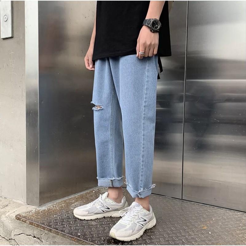 Quần Jean Baggy nam đen+ xanh sky rách gấu+ gối style hàn quốc 2021