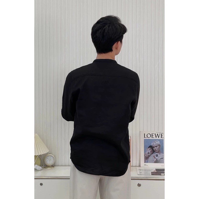 Áo sơ mi nam cổ tàu vải Linen dài tay form rộng style Hàn trẻ trung, năng động