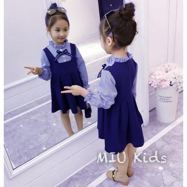 Váy liền, váy cho bé gái giả 2 lớp dài tay họa tiết kẻ sọc phong cách Hàn Quốc