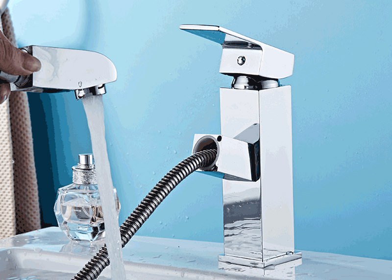 Vòi Lavabo nóng lạnh trụ vuông kiêm đầu xịt - Hợp kim+ 2 dây cấp