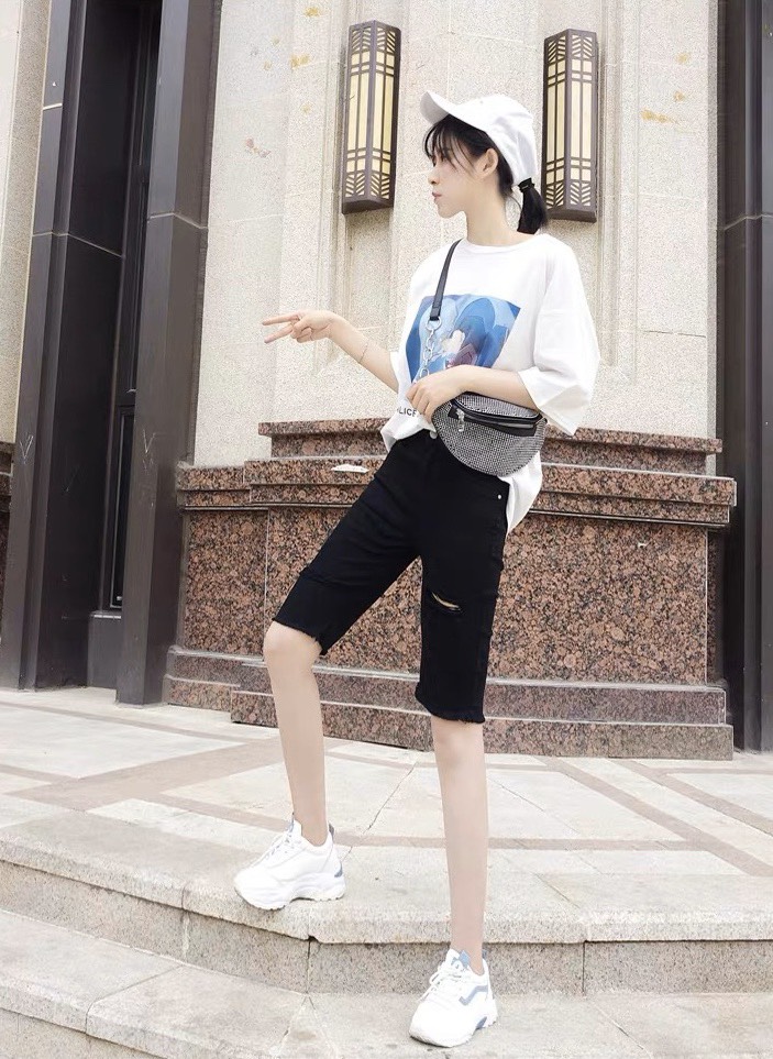 Quần jean ngố lửng BIG SIZE đen tuyền lưng cao co dãn mạnh 3225