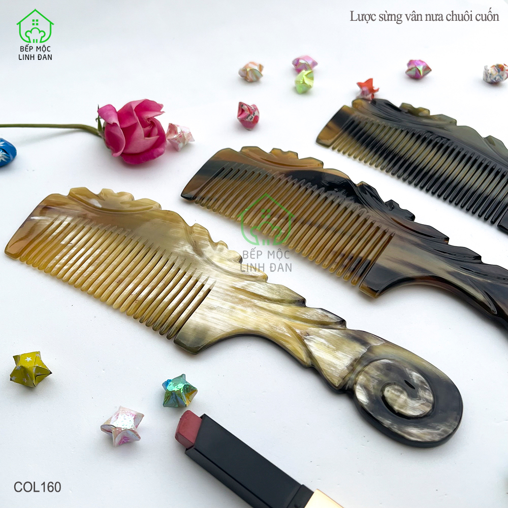 Lược Sừng Vân Nưa Chuôi Cuốn (Size: XL-20cm) Họa Tiết Uốn Lượn Sắc Sảo [COL160]