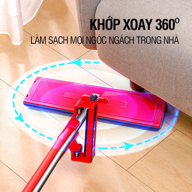 Cây lau nhà tự vắt Kitimop-Red bàn lau lớn 38cm, con lăn trợ lực, thanh thép không gỉ, khớp xoay 360 độ, 2 bông lau