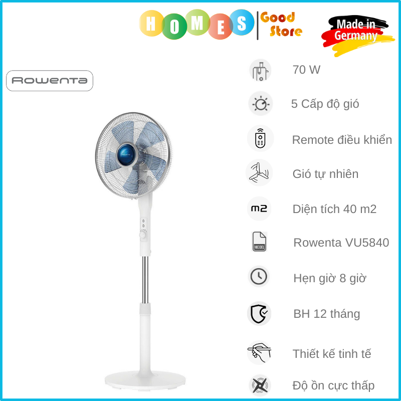 Quạt Đứng ROWENTA Turbo Silence Extreme, 5 Tốc Độ Gió, Điều Khiển Remote, Tiết Điện Gấp 2 Lần Quạt Thường Cực Êm Dịu, Độ Thấp Cực Thấp 35 dB, Công Suất 70W - Hàng Nhập Khẩu Đức