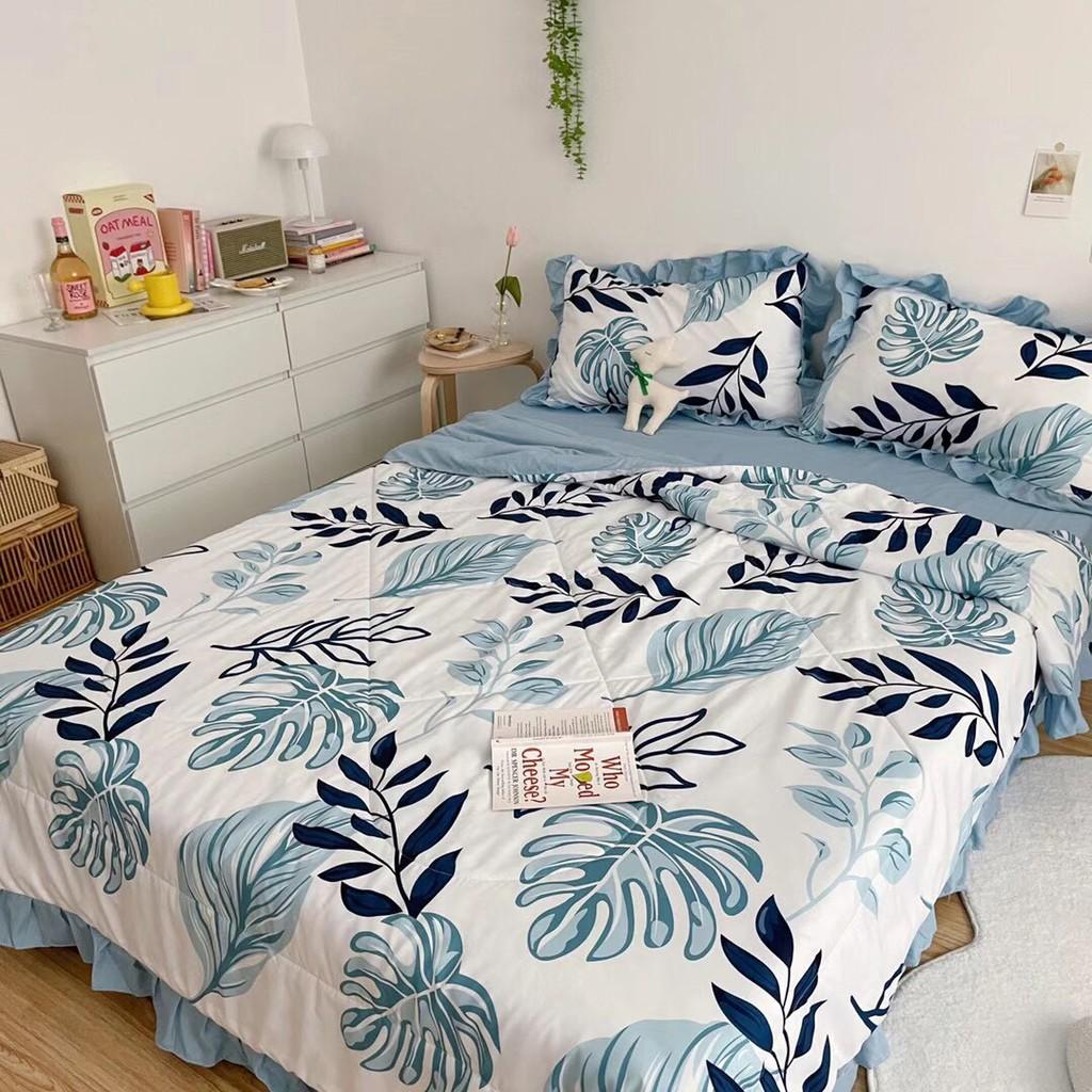 Bộ chăn đũi hè vỏ ga và 2 vỏ gối M2T bedding chăn lót bông thiết kế phối bèo họa tiết lá cọ xanh