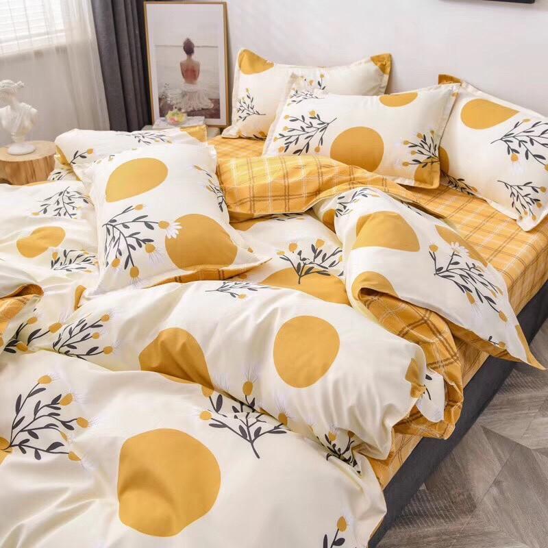 Bộ chăn ga gối Cotton poly M2T Bedding Hoa tròn vàng, vỏ chăn mền, drap nệm và 2 vỏ gối