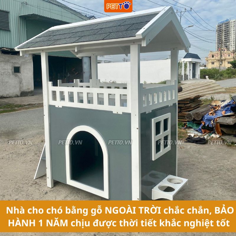 Nhà cho chó ngoài trời bằng GỖ thiết kế chắc chắn 2 tầng có BAN CÔNG cho chó vui chơi BẢO HÀNH 1 NĂM DH019