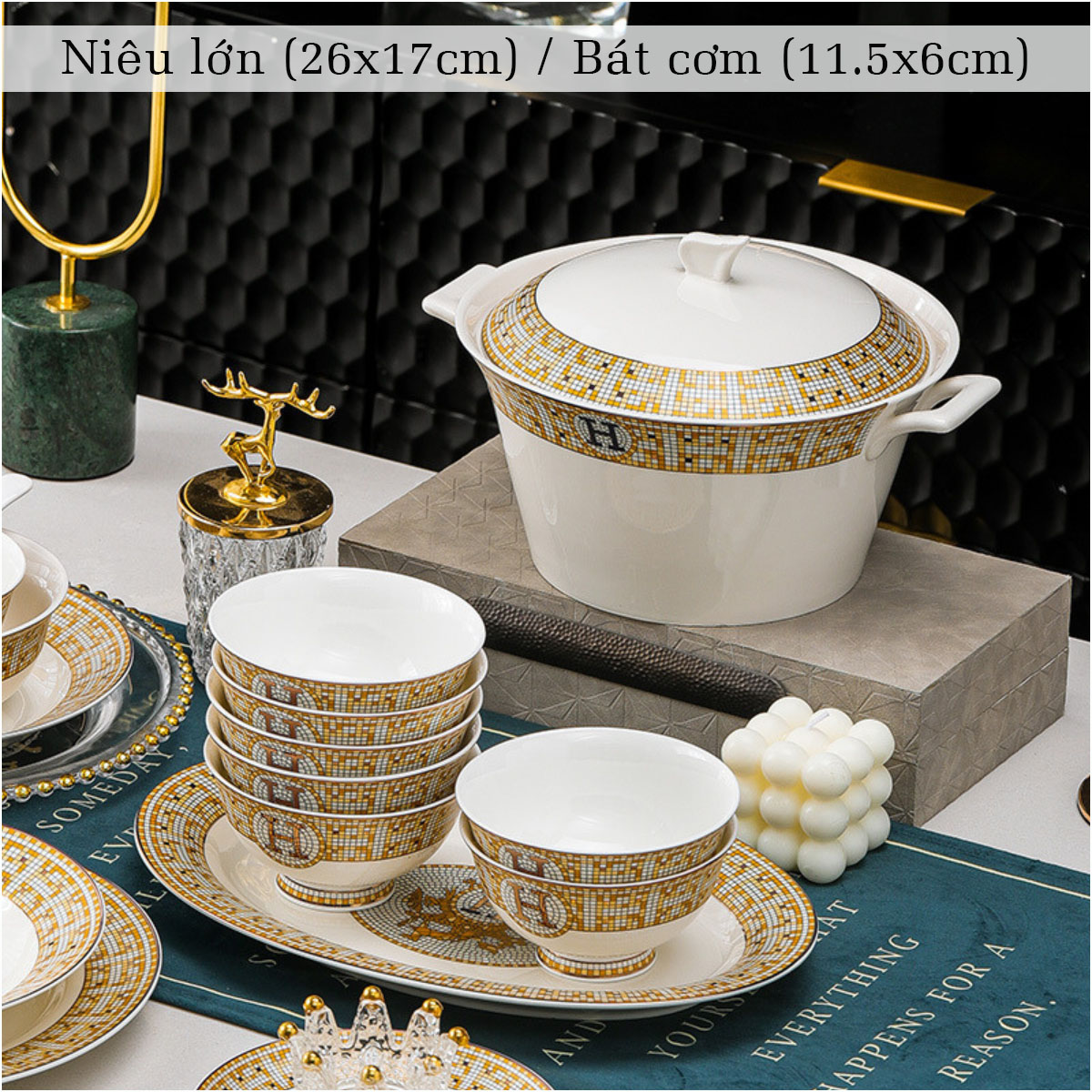 Bộ bát ăn cơm SỨ XƯƠNG Giang Tây cao cấp 56 chi tiết - Bộ chén ăn cơm sang trọng, tinh tế - Bát đĩa mỏng nhẹ nhưng cứng trong và cách nhiệt tốt. Mã GS75