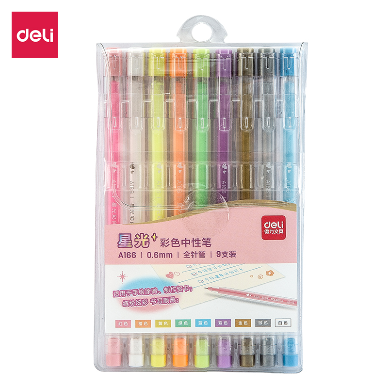 Bút gel nhiều màu Deli - 0.6mm - Mực trơn đều, tích hợp ghim kẹp - 9 màu 9 chiếc/Hộp - 1 hộp - A166