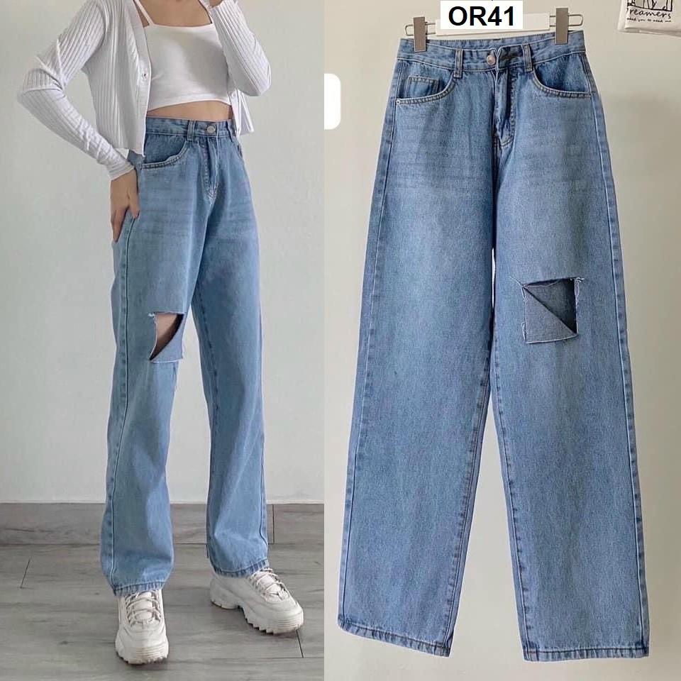 Quần jean ống rộng Simple thiêu hoa cúc - OR120