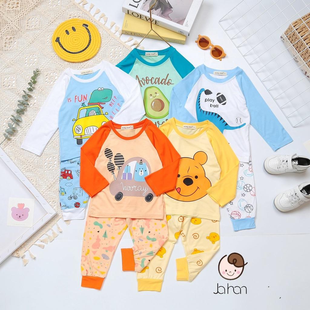 {Bé 7-19kg} Bộ Dài tay Thun Lạnh ráp lăng in hình mềm mịn mát in hình cho bé trai, bé gái từ 7-19kg