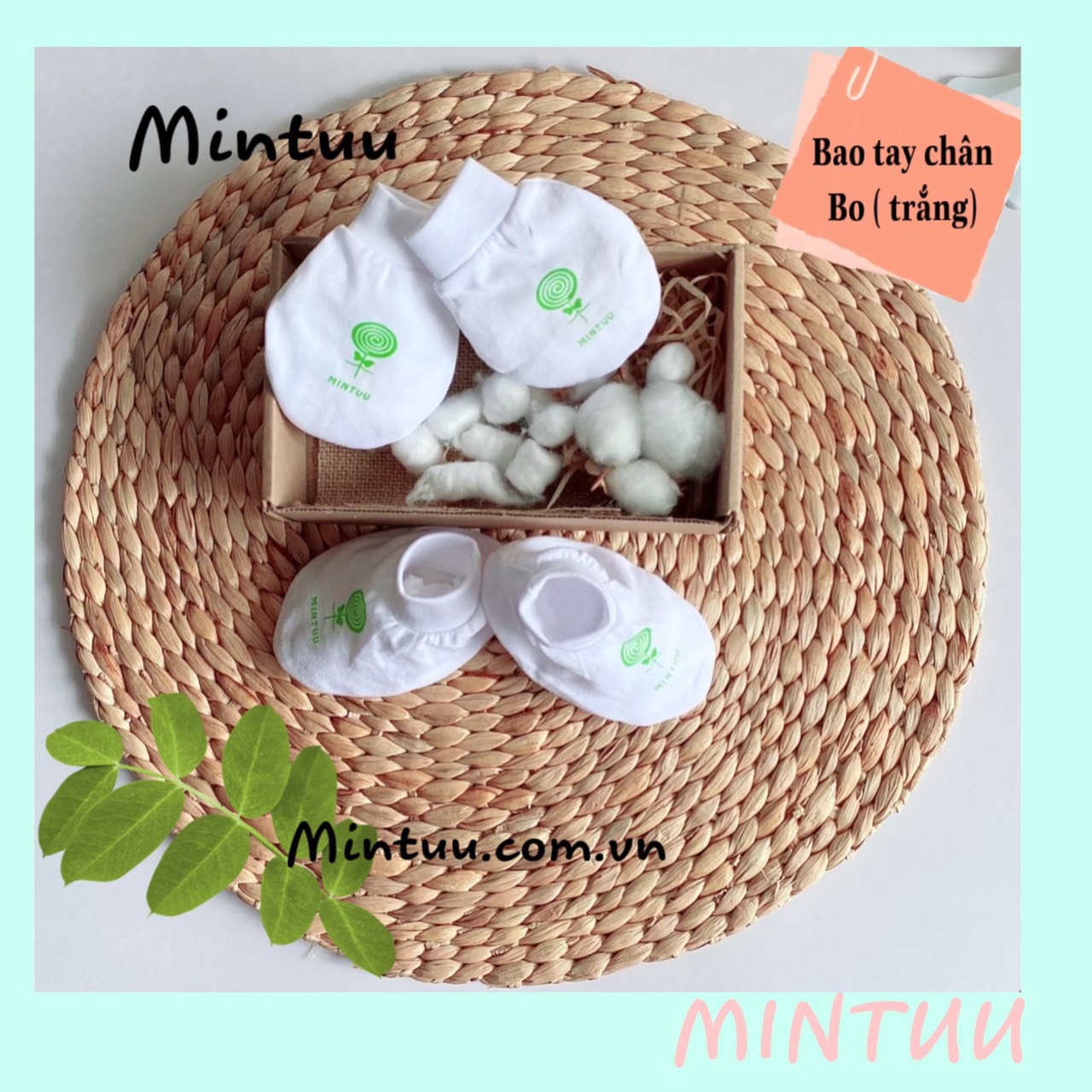 Bộ bao tay bao chân sơ sinh trắng cổ bo, thương hiệu MINTUU, chất liệu vải 100% cotton