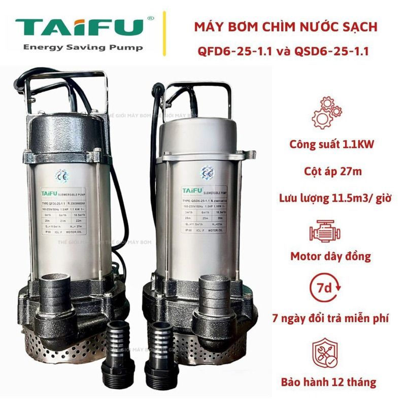 Máy bơm chìm đẩy cao 1.1Kw (1.5HP) Thân,Nắp INOX 304 TAIFU QFD6-25-1.1 và QSD6-25-1.1 - Bảo hành 1 năm