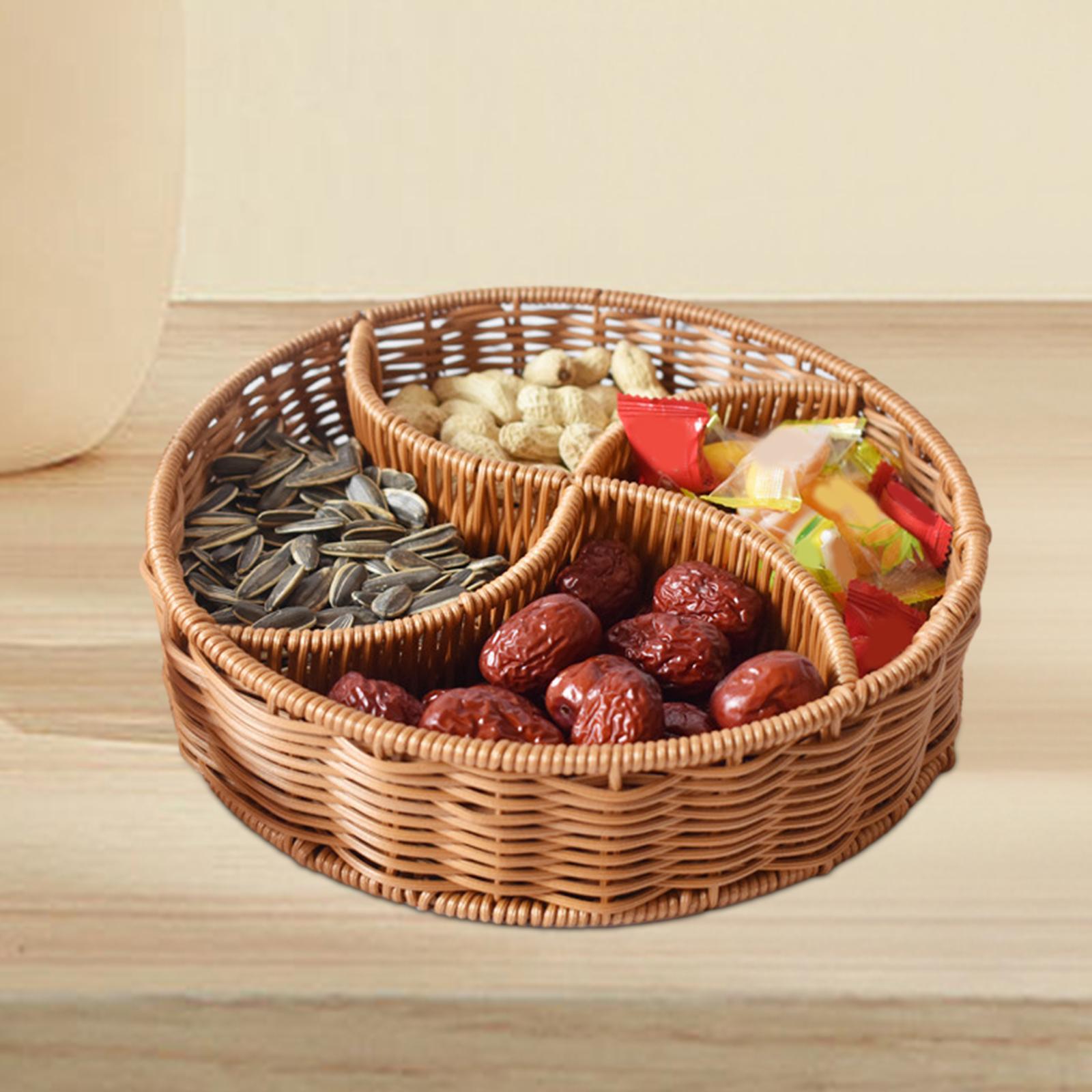 Hand Woven Serving Basket Food Storage Tray Divided Dividers Candy Serving Tray Round Fruit Basket for Hotel Breakfast Pantry