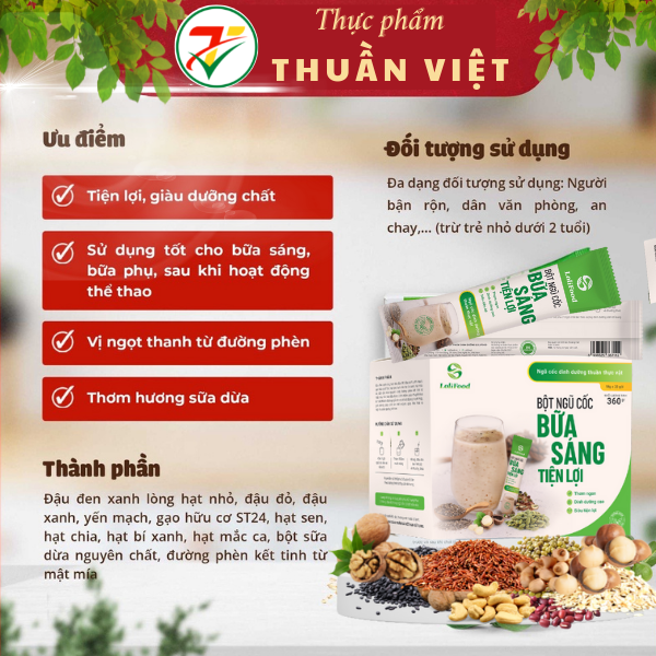 Bột Ngũ Cốc Bữa Sáng Tiện Lợi Lolifood [18g x 20gói/hộp] - Dùng Cho Bữa Ăn Sáng Bận Rộn, Ăn Bữa Phụ Cân Bằng - Chăm Sóc Gia Đình, Đảm Bảo Sức Khỏe, Tăng Sức Đề Kháng - Kiểm Nghiệm Và Chứng Nhận ATVSTP