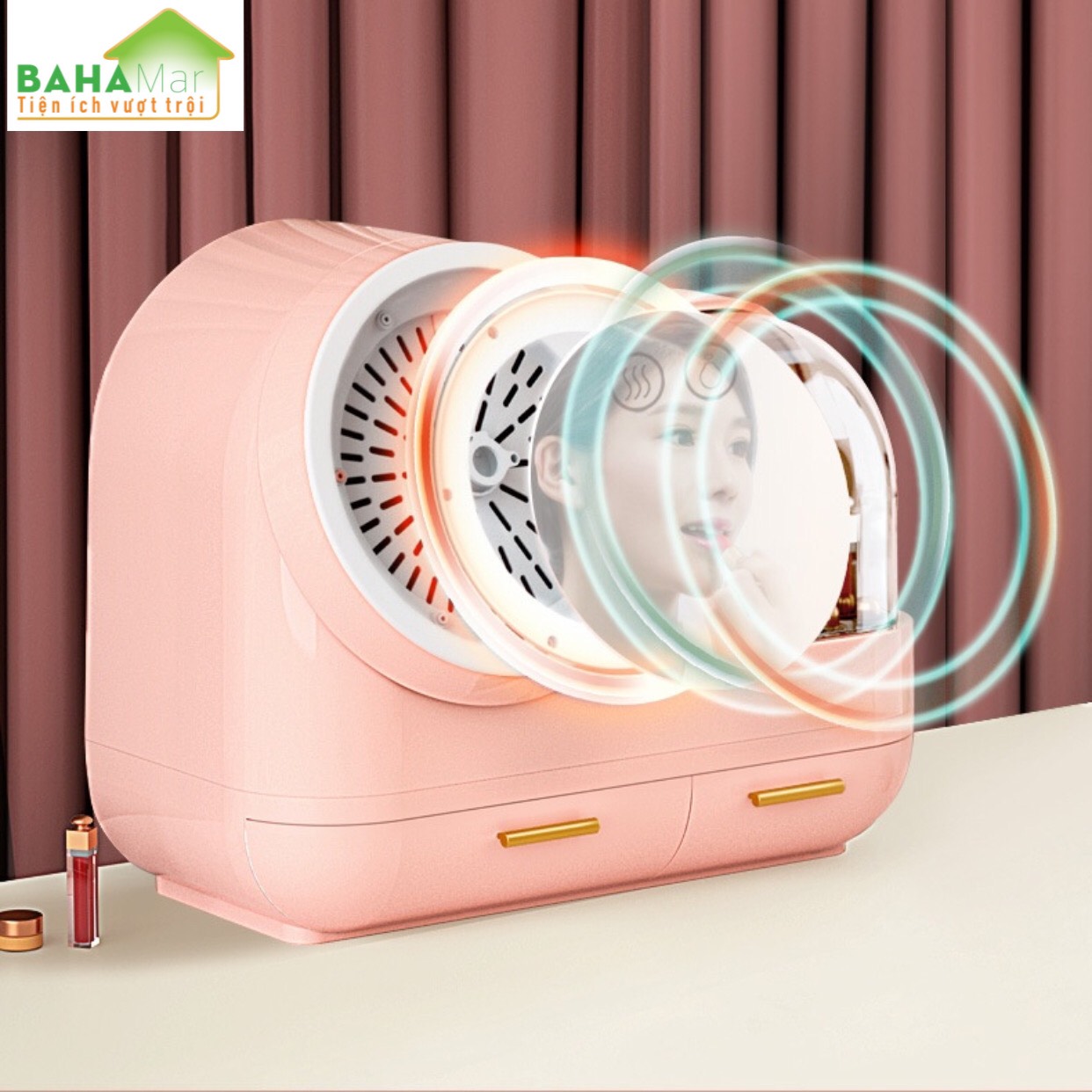 HỘP ĐỰNG MỸ PHẨM CÓ GƯƠNG TRANG ĐIỂM ĐÈN LED QUẠT BAHAMAR có quạt thổi khô lớp trang điểm thiết kế tay cầm dễ dàng xách di chuyển hộp chống bụi v