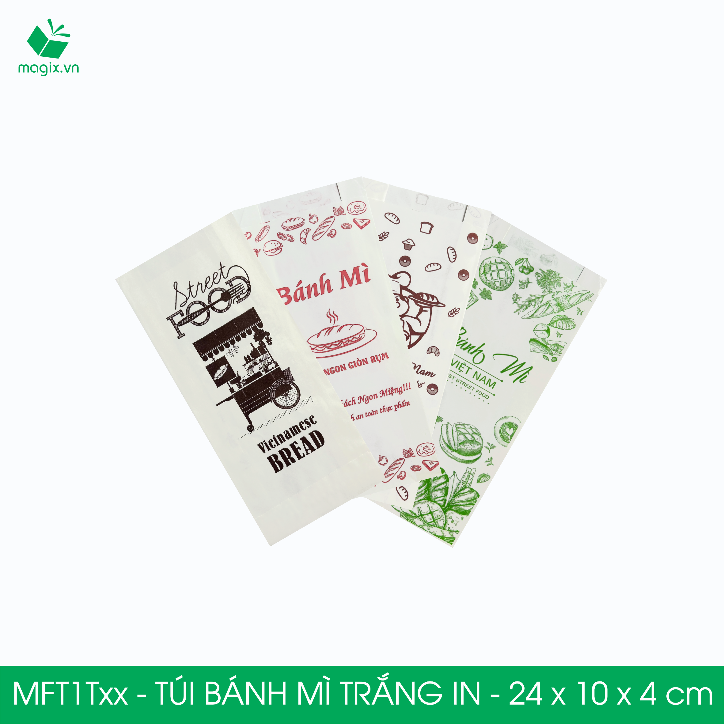 Combo 100 Túi bánh mì Trắng 24x10x4 cm - In sẵn họa tiết nhiều mẫu - Bao bánh mì Túi giấy thực phẩm an toàn