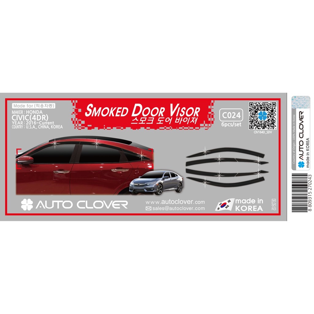 Vè che mưa xe Honda Civic 2018-2021 Mẫu đen bóng 6 chi tiết chính hãng hàn quốc Auto Clover