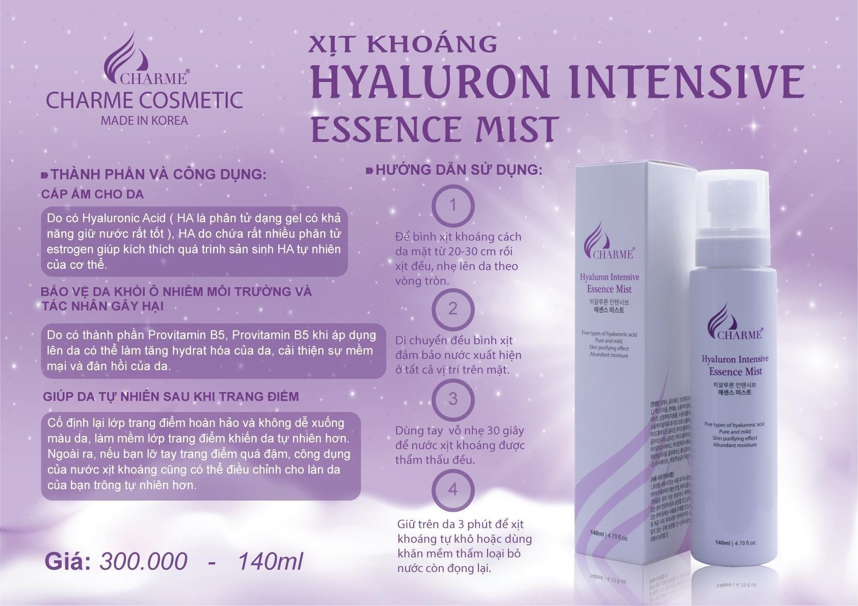 Xịt Khoáng Charme Hyaluaron Intensive Essence Mist Hàn Quốc 140ml