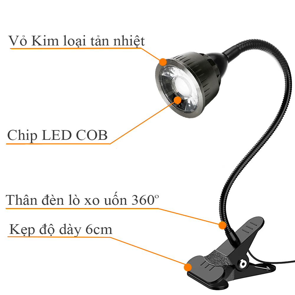 Đèn Rọi Led Kẹp bàn đầu giường đa năng BOFIT 3W - 220V, Thân đèn Kim loại