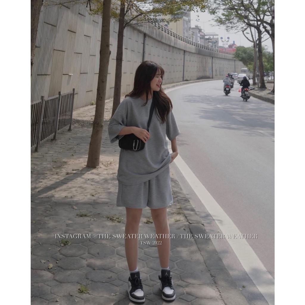 Bộ Quần Đùi Áo Thun Cộc Tay Ulzzang Tổ Ong Dáng Rộng