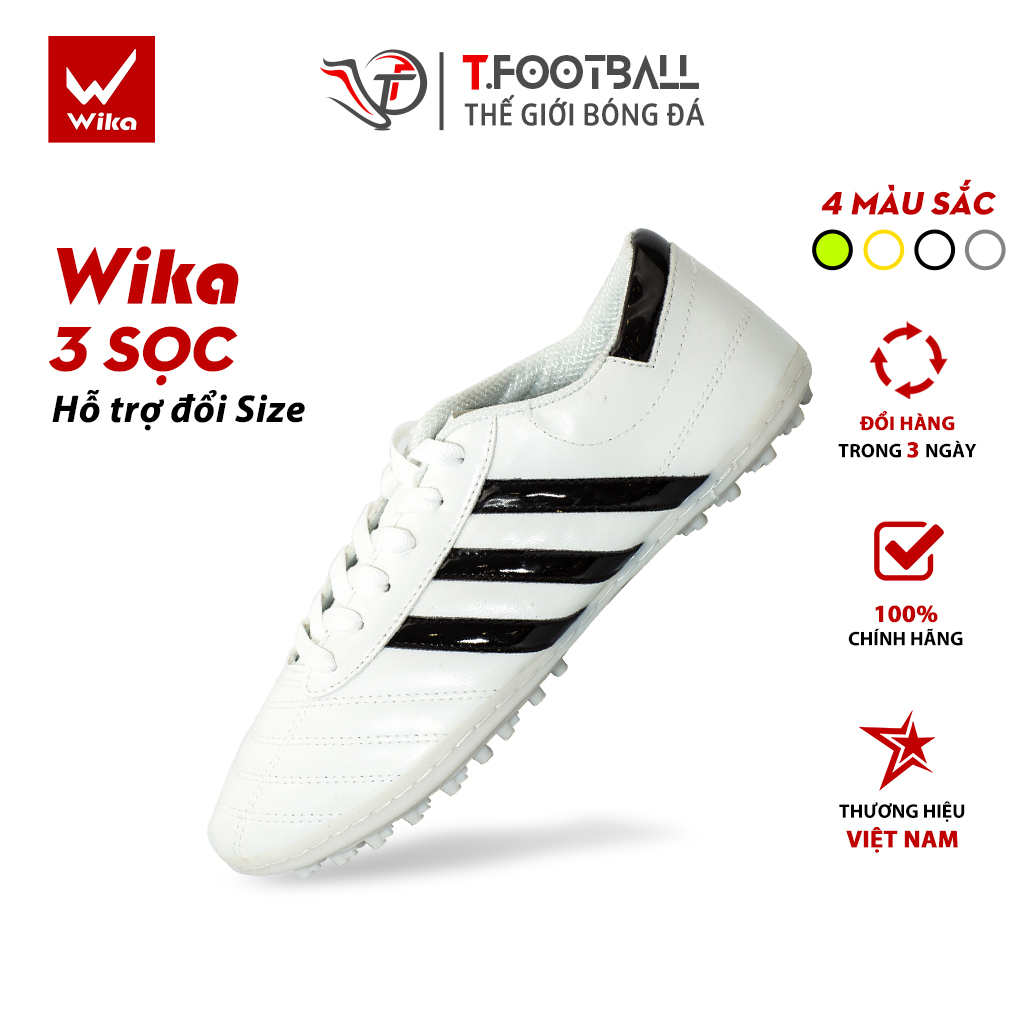 Giày Đá Bóng WIKA 3 Sọc Chính Hãng Khâu Full Đế Đinh TF Hỗ Trợ Bám Trụ – Trắng sọc Đen,39