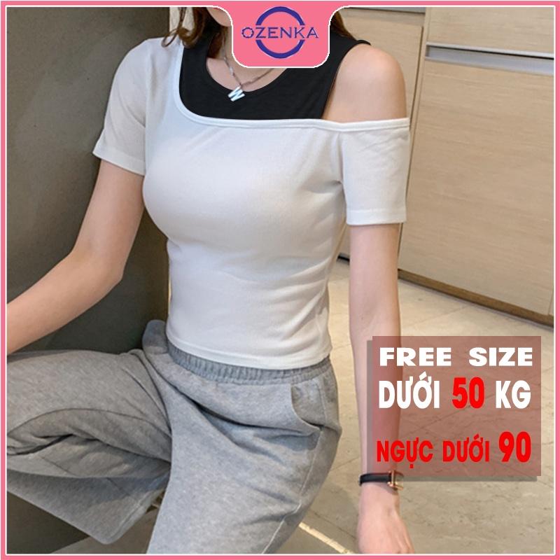 Áo croptop trễ vai cộc tay nữ OZENKA , crt ôm body thun gân 100% cotton đẹp màu đen trắng